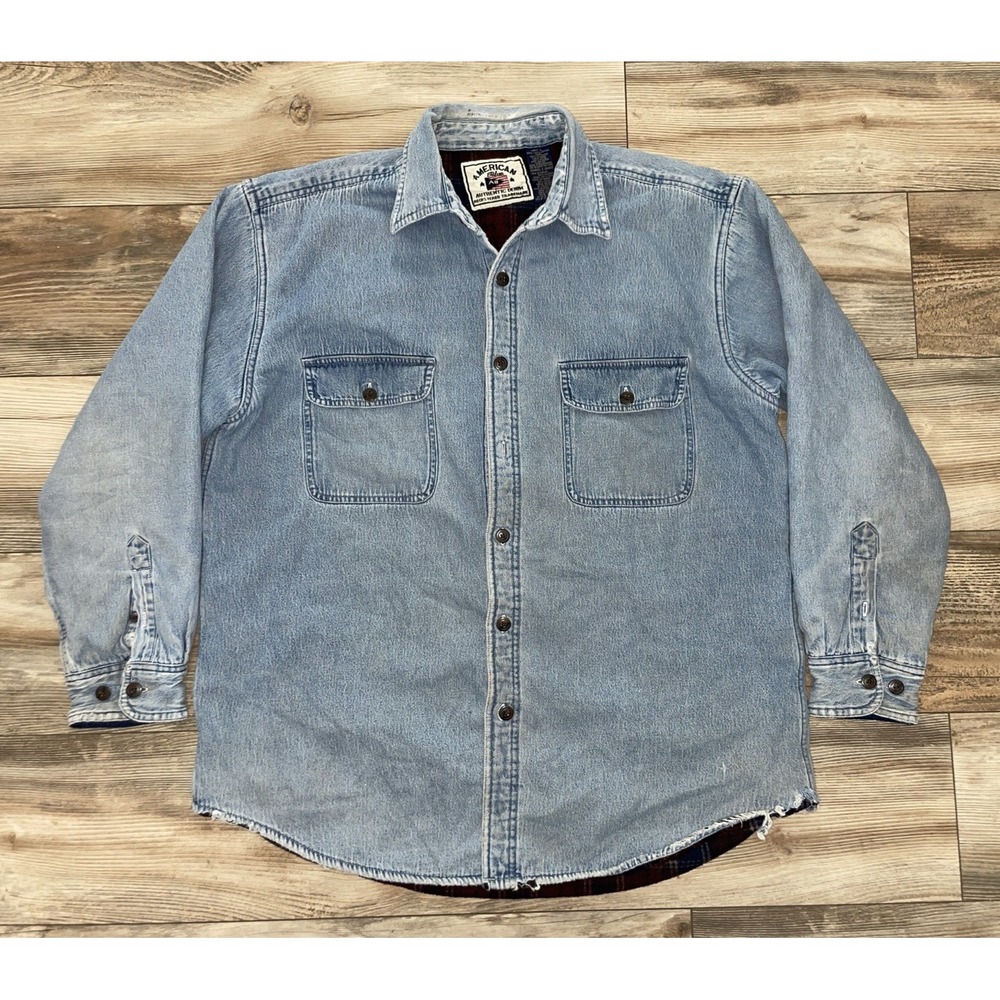 Vtg American Blue Chambray Button Up Fleece Lined Shirt Jacket Size L Grunge